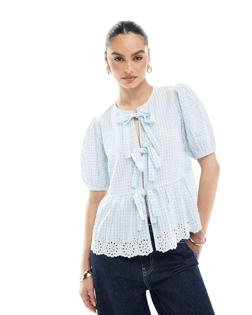 New Look White Tie Front Gingham Top