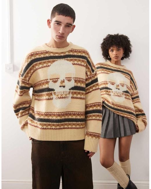 The Ragged Priest Natural Unisex Fair Isle Knitted Stripe Jumper With Skull