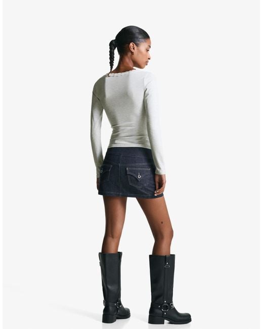 Bershka White – weiches, langärmliges t-shirt aus spitze