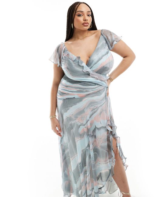 Asos design curve - robe portefeuille longue à imprimé abstrait avec volants et fente haute ASOS en coloris Blue
