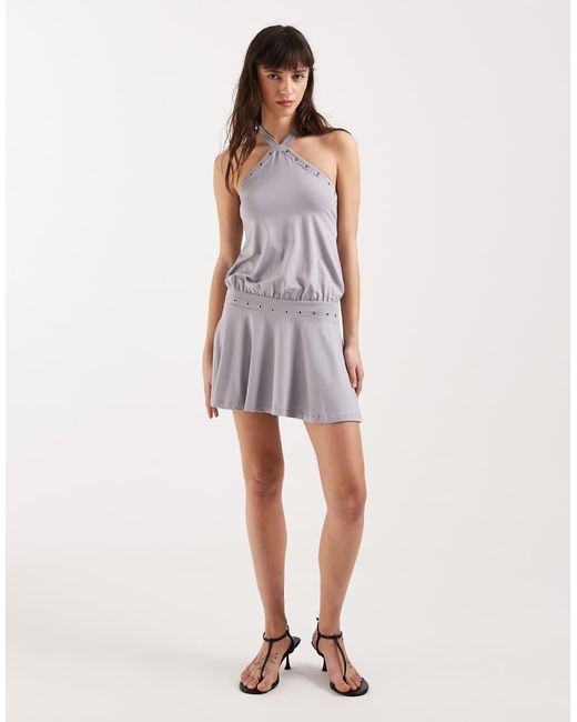 Motel Gray Kureha Eyelit Halter Jersey Mini Dress