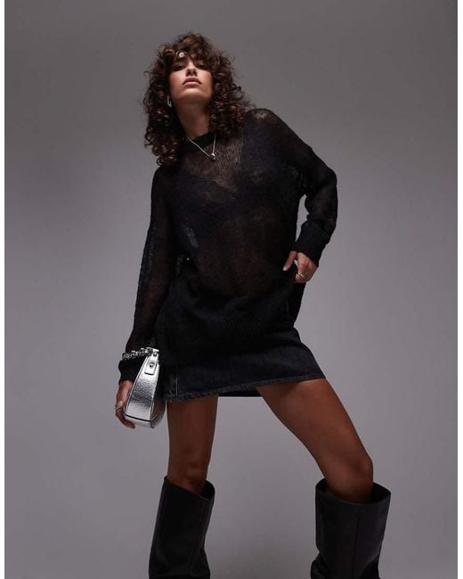 TOPSHOP Black Knitted Sheer Long Line Jumper