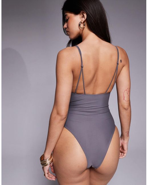 ASOS Gray Lucie Plunge Swimsuit With Cut Out And Resin Trim