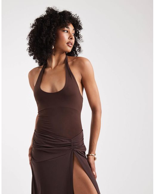 Miss Selfridge Brown Halter Neck Maxi Dress