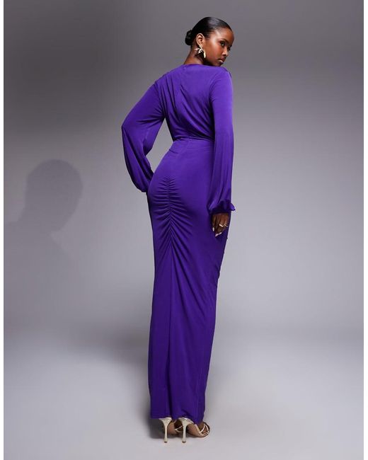 Ruched & Ready Purple Entered The Chat Balloon Sleeve Cut Out Detail Draped Waist Maxi Dress