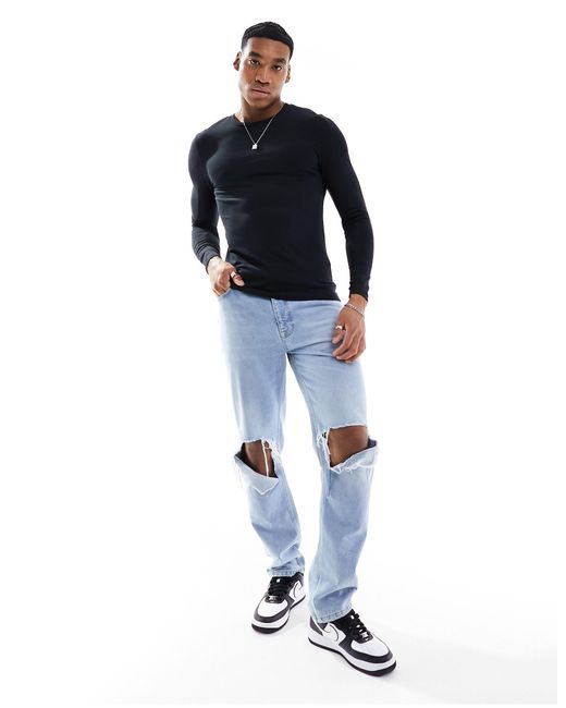 ASOS Blue Muscle Fit Long Sleeve T-shirt With Crew Neck for men