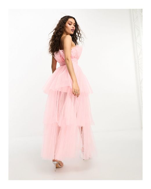 LACE & BEADS Pink Bandeau Tulle High Low Maxi Dress