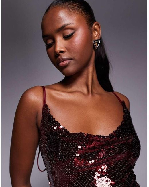 ASOS Red Sheer Sequin Cowl Neck Mini Dress With Strappy Back