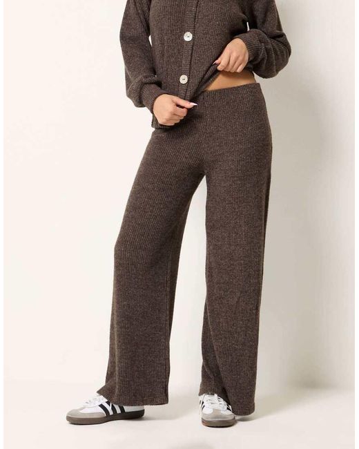 PixieGirl Brown Petite Ribbed Soft Touch Wide Leg Trousers