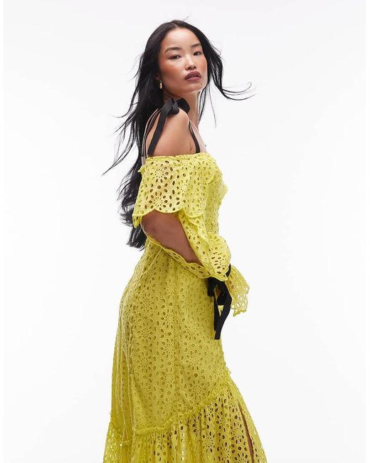 Vestido Midi Con Diseño Floral, Bordado Inglés Y Tirantes De Grogrén Asos Archive ASOS de color Yellow