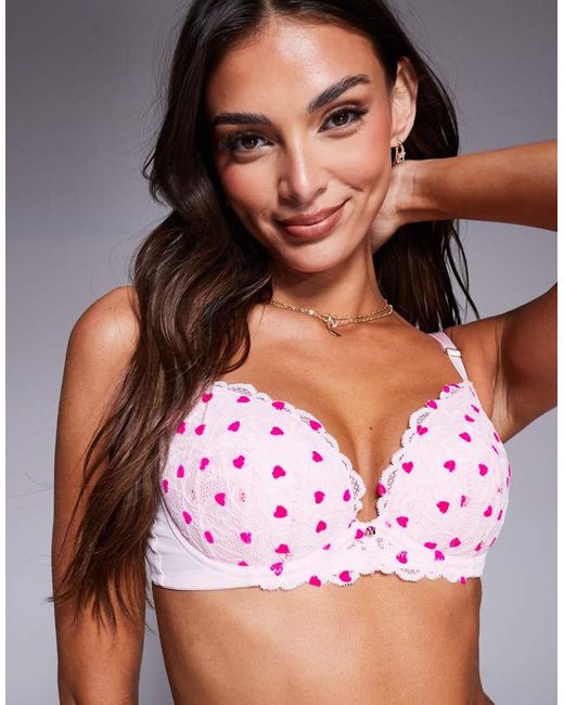 Ann Summers Pink Ann Summer Sexy Lace Flocked Heart Padded Plunge Bra