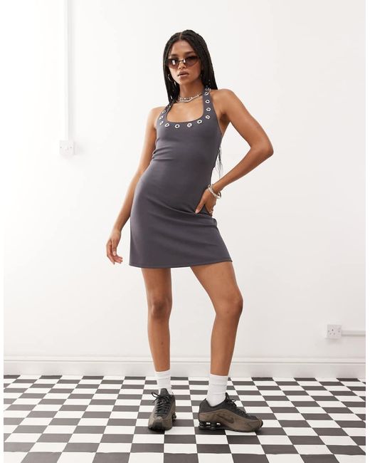 Collusion Blue Halter Fit Flare Mini Dress With Eyelet Detail