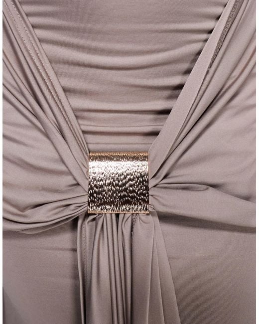 Aria Cove White Deep Bardot Gold Hardware Front Drape Detail Maxi Dress