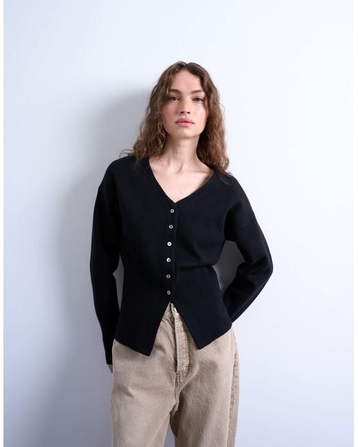 TOPSHOP Black Knitted V Neck Longline Compact Fitted Waist Cardigan