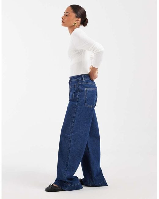 ASOS Blue Asos Design Petite High Waist Wide Leg Jeans With Front Pockets