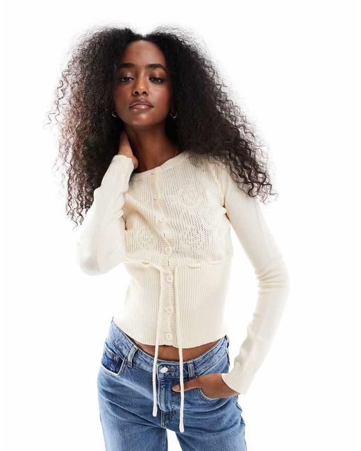 Daisy Street White Slim Fit Cardigan With Rose Intarsia