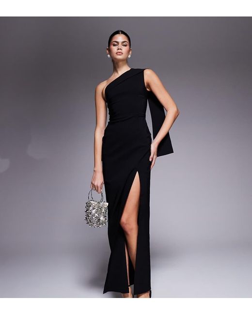 Vesper Blue Bengaline One Shoulder Drape Detail Side Split Maxi Dress