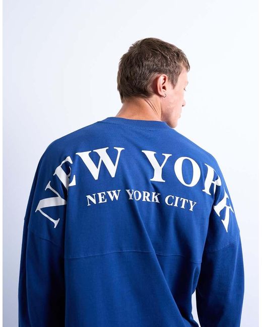 Camiseta Azul Cobalto Extragrande De Manga Larga Con Estampado "New York City" De Topman de hombre de color Blue