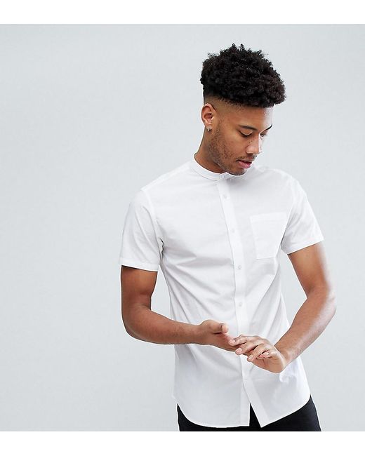 SELECTED White Short Sleeve Grandad Collar Shirt for men