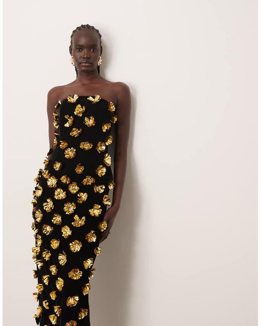 ARRANGE Black 3d Floral Bandeau Column Maxi Dress