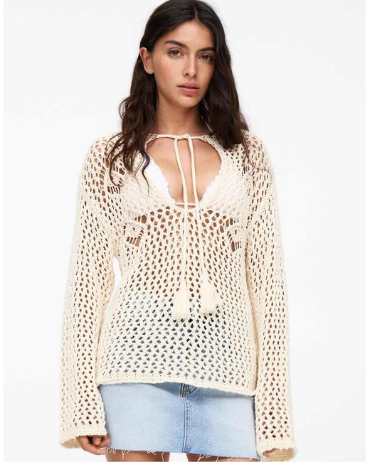 Pull&Bear Natural Crochet Jumper With Drawstring