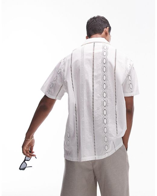 Topman White Short Sleeve Revere Broderie Pattern Shirt for men