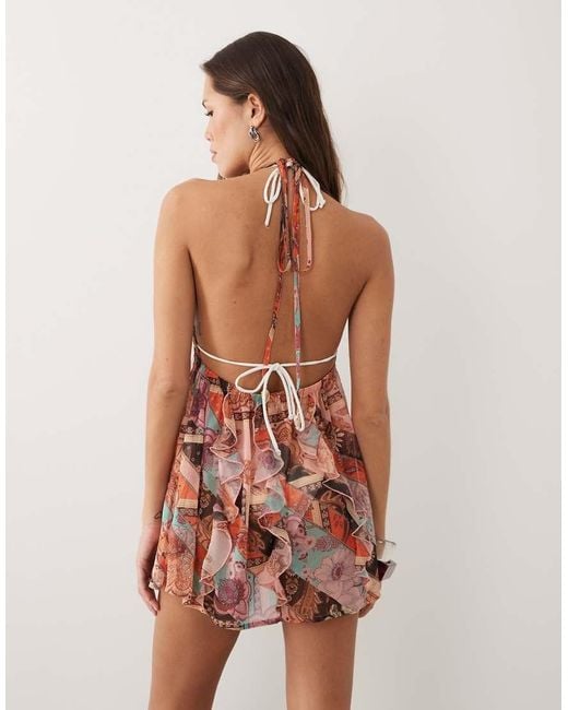 Miss Selfridge Brown Beach Ring Detail Halterneck Cut About Scarf Print Cover Up