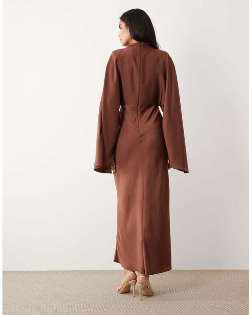 ASOS Brown Funnel Neck Satin Maxi Dress With exaggerated Sleeves