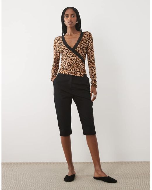 Miss Selfridge Brown Lace Trim Wrap Top