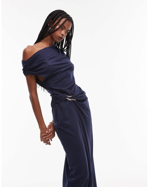 & Other Stories Blue Jersey Midi Dress With Drape Wrap Clasp And Asymmetric Off Shoulder