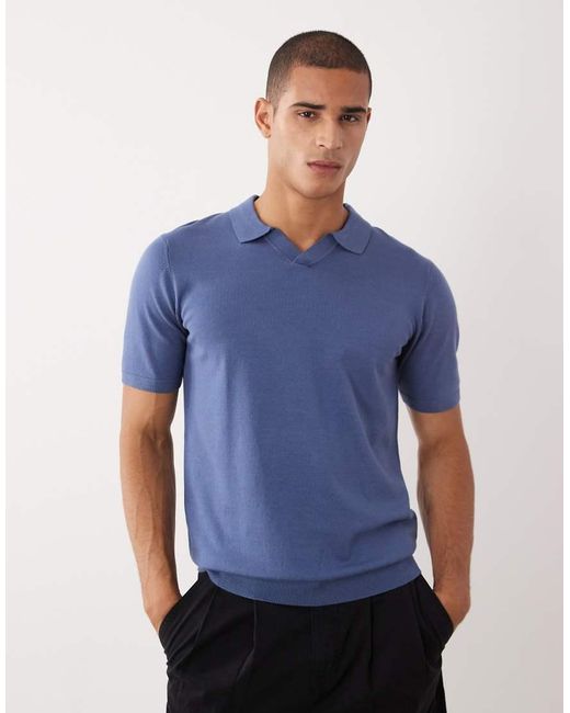 Threadbare Blue Knit Short Sleeve Polo Shirt for men