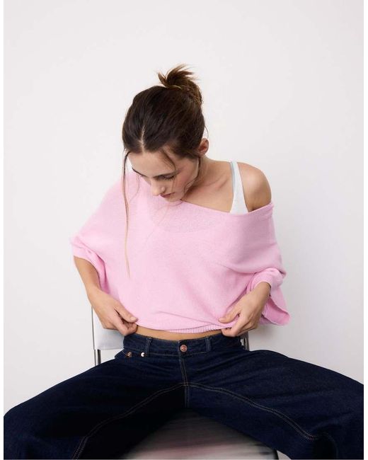Stradivarius Pink Boat Neck Knit Jumper With Overlay