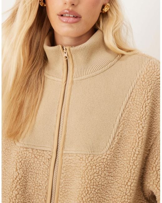ASOS Natural Hooded Borg And Knit Mix Jacket