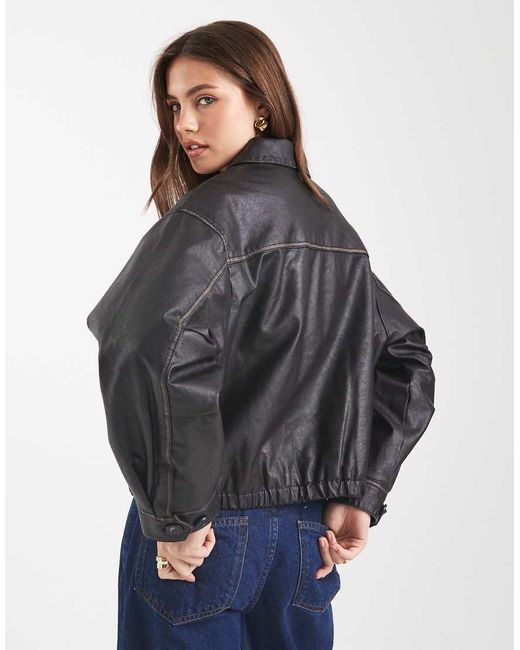 ASOS Blue Vintage Wash Leather Look Bomber Jacket