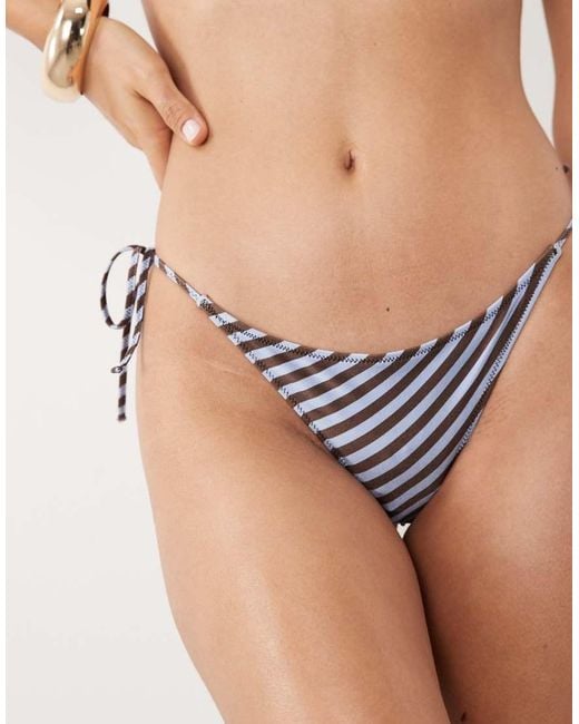 Mango Brown Tie Side Striped Bikni Bottoms