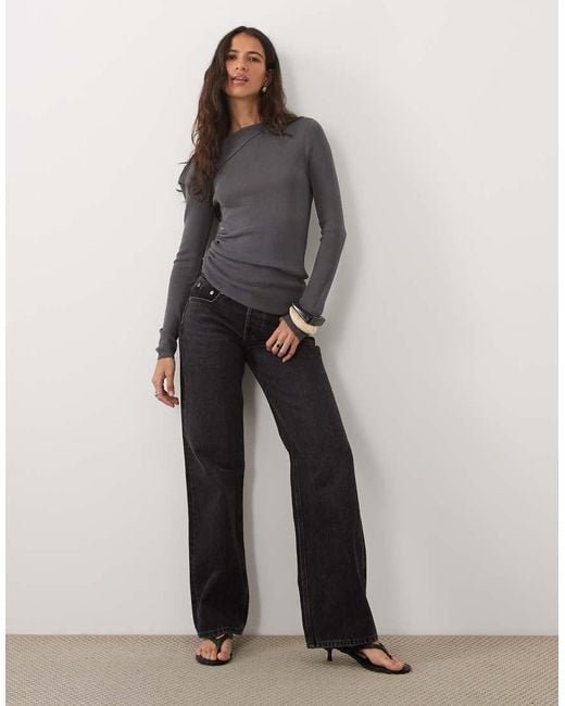 ASOS Gray Fine Knit Off The Shoulder Ruched Top
