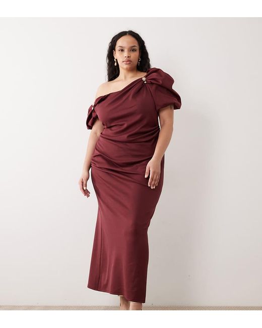 ASOS Red Asos Design Curve Trim Detail Fallen Shoulder Puff Sleeve Midi Dress
