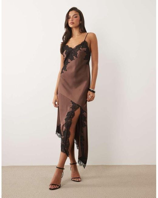 Nobody's Child Natural Zaria Satin Lace Trim Split Front Cami Midi Dress