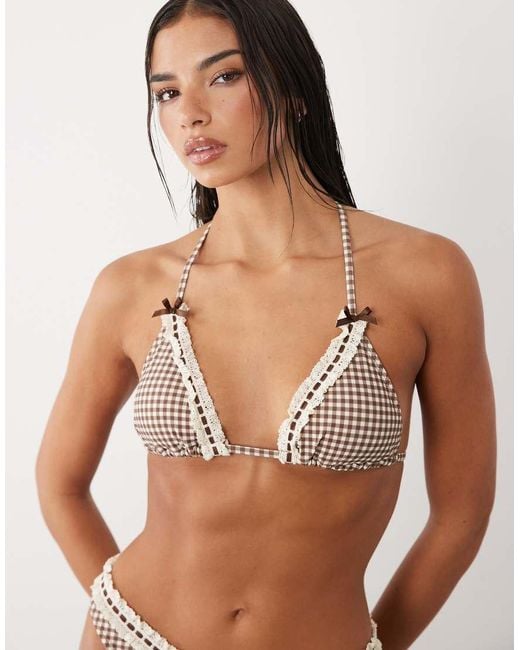 The Frolic Brown Exclusive Lace Trim Bow Detail Triangle Bikini Top