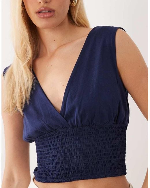 Mango Blue Teen Deep V Ruched Waist Top