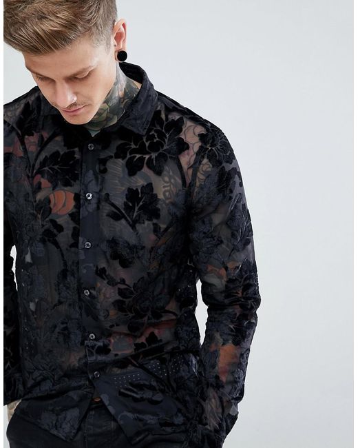 ASOS Design Floral Burnout Shirt in Black for Men