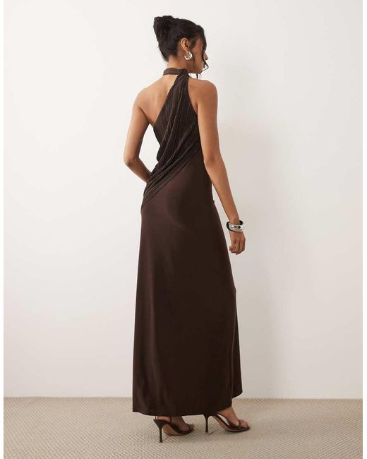 ASOS Natural Plisse Contrast Draped Halter Neck Maxi Dress