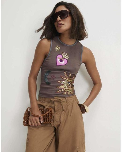 River Island Brown Cotton Blend Embellished Sun Tank Top
