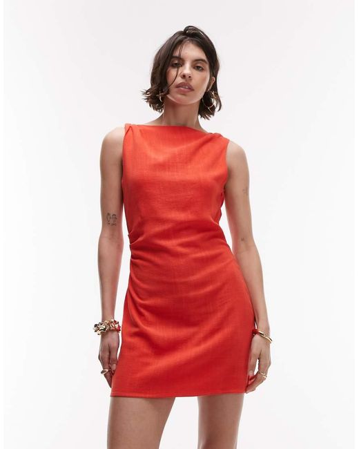 TOPSHOP Red Twist Shoulder Mini Linen Dress