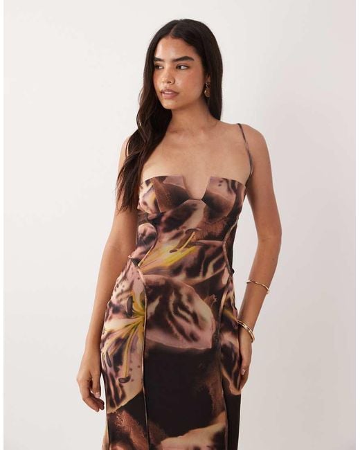 ASOS Brown Printed Mesh Exposed Seam Sculpted Cupped Maxi Dress