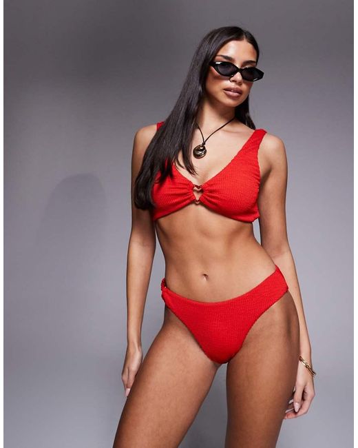 The Frolic Red Exclusive High Leg Heart Detail Crinkle Bikini Bottom