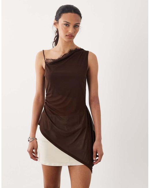 ASOS Natural Mesh Asymmetric Longline Cami With Lace Trim