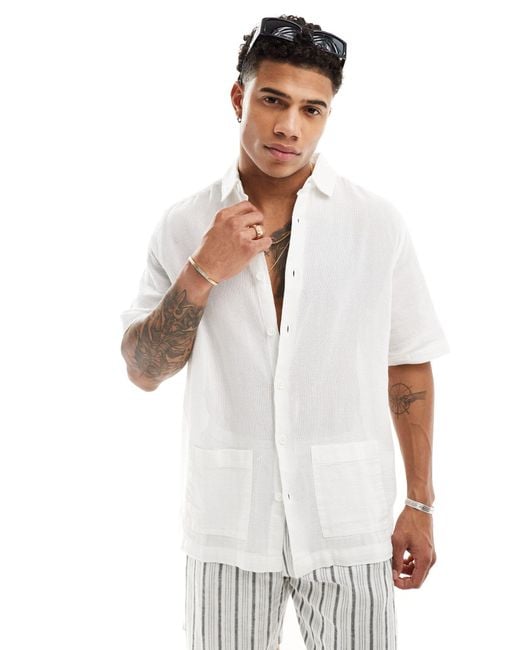ASOS White Relaxed Textured Shirt With Patch Pockets for men