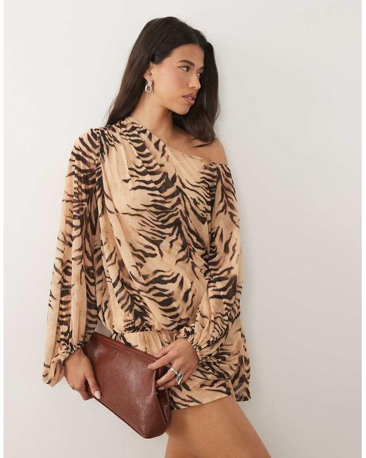 ASOS Brown Printed Stretch Chiffon Slouchy Mini Dress With Extreme Blouson Sleeve