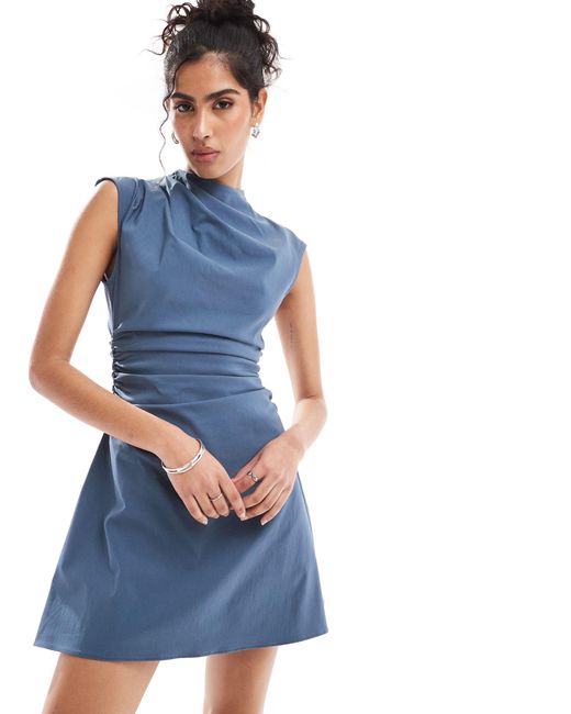 ASOS Blue Bengaline High Neck Sleeveless Mini Dress With Ruching Detail